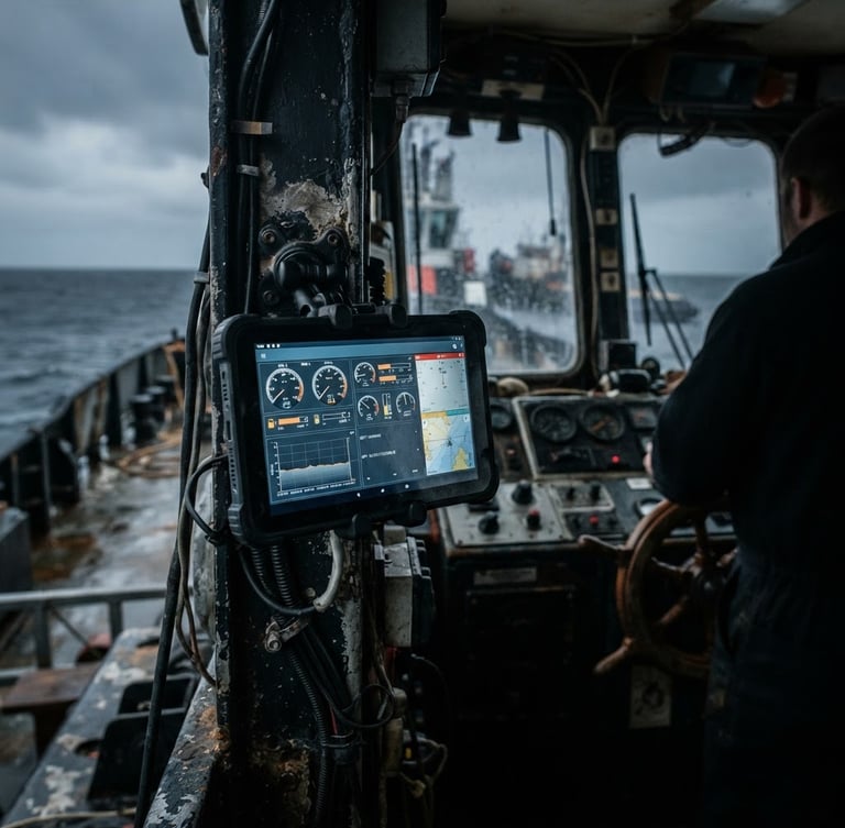 Close-up of a ruggedized Android tablet running technical telemetry software, mounted securely inside a tugboat cockpit, overcast maritime daylight, high-contrast cool tones.