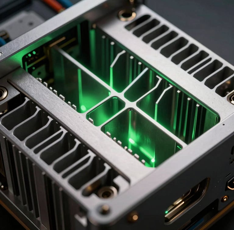 Extreme close-up of high-performance server hardware, metallic heat sinks under low-key studio lighting with sharp green neon glows, high-density technical details.