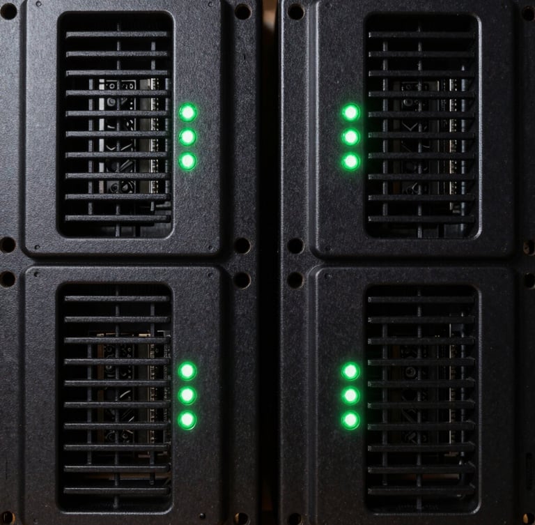 Symmetrical macro shot of high-end server hardware, dark metallic surfaces with sharp green LED operational indicators, low-key studio lighting.