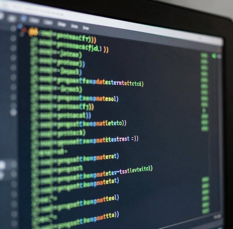 Macro shot of clean system code on a high-density display, illuminated by a subtle green ambient glow from server racks in the background.