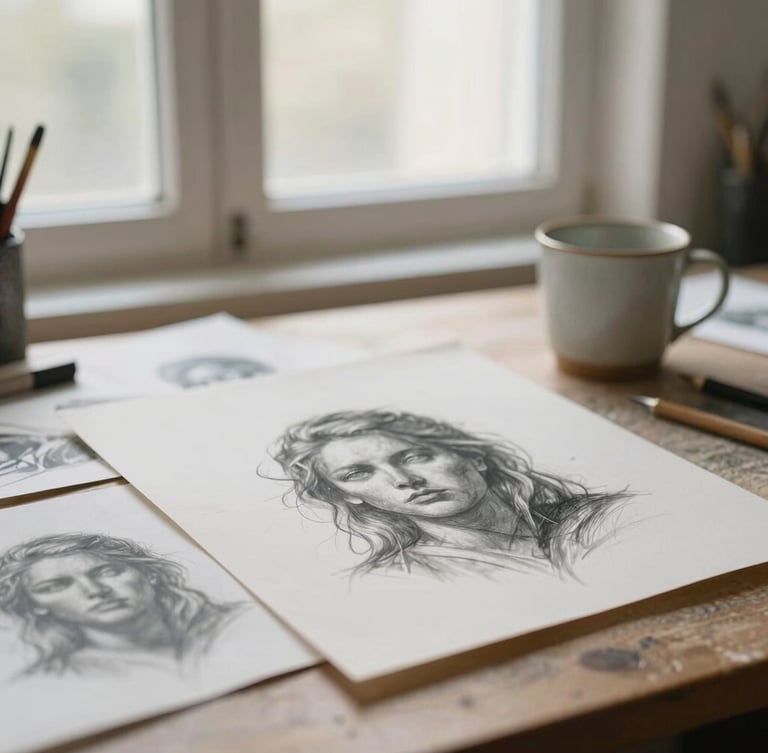 Soft diffused window light illuminating a quiet art studio desk with charcoal sketches, textured paper, and a ceramic cup, warm editorial photography, shallow depth of field, 35mm
