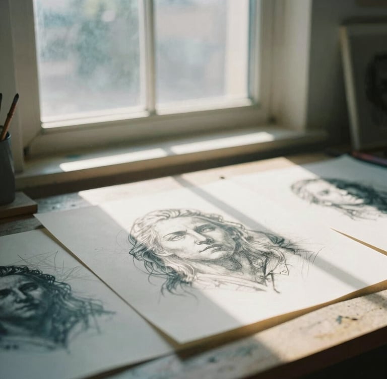A quiet sunlit art studio with natural window light casting soft shadows on physical charcoal sketches and paper textures, warm editorial photography, 35mm