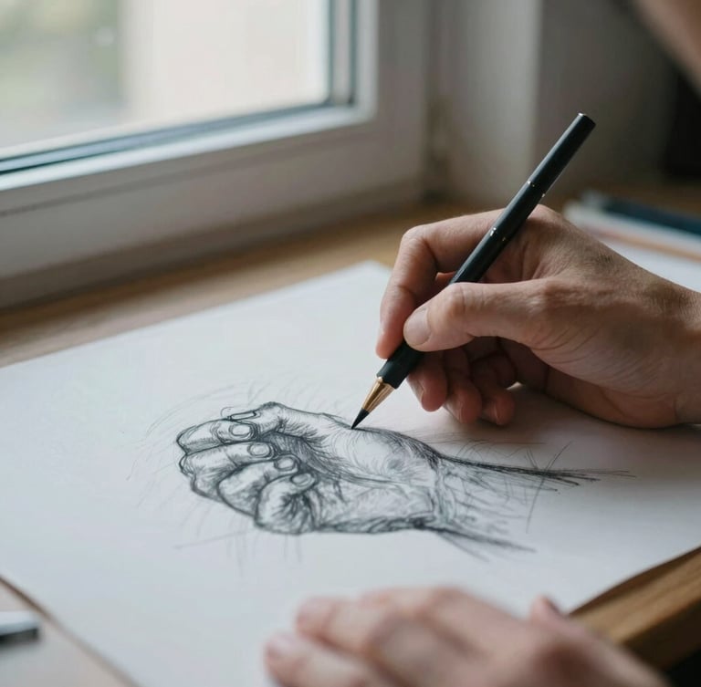 Soft window light illuminating hands sketching with charcoal on heavy textured paper, gentle blue and charcoal tones, shallow depth of field, 35mm photography.
