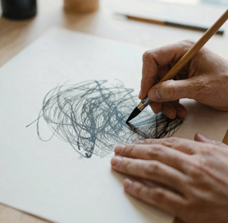 Close-up of hands working with physical art mediums, blending charcoal on heavy cotton paper, soft natural light, warm editorial style, shallow depth of field