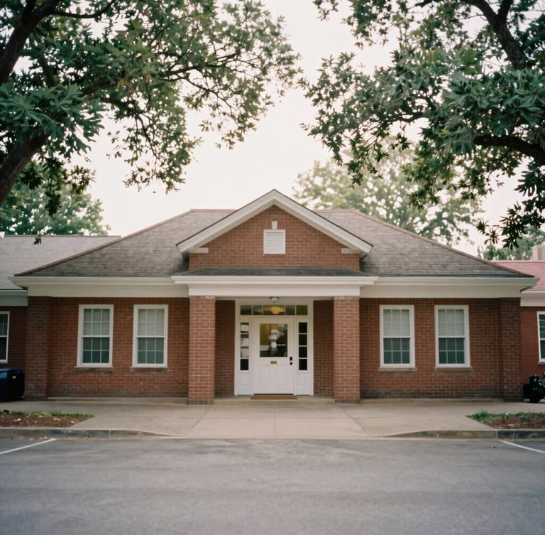 A quiet, wide environmental portrait of a historic brick community center, soft natural morning light filtering through mature trees, warm editorial 35mm film style.
