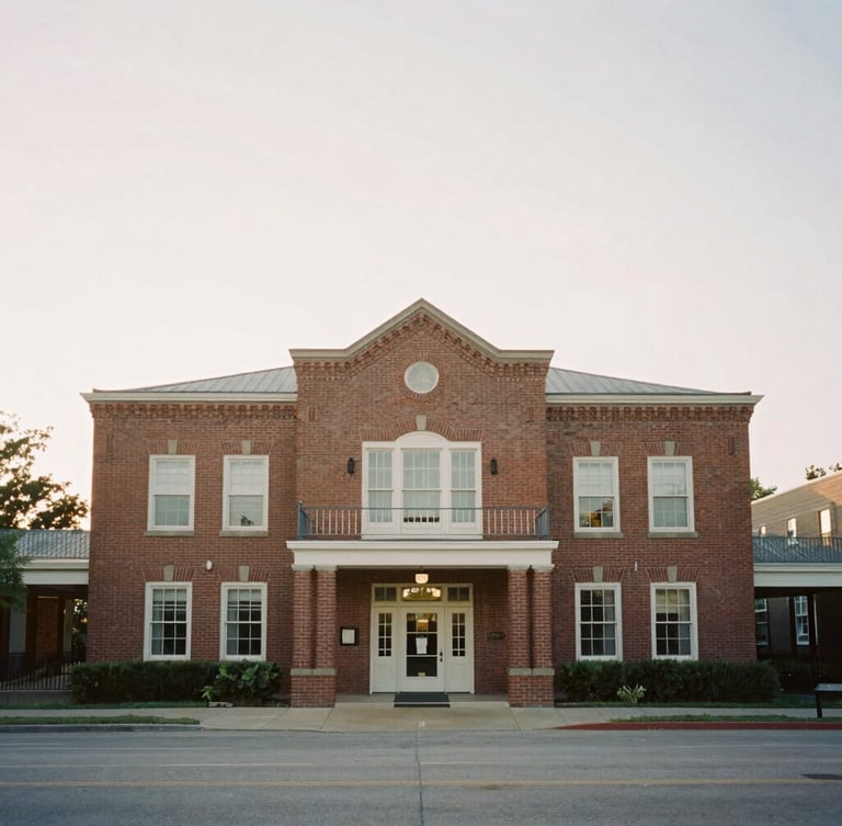 Wide environmental portrait of a historic brick community center in soft morning daylight, muted warm tones, 35mm film style