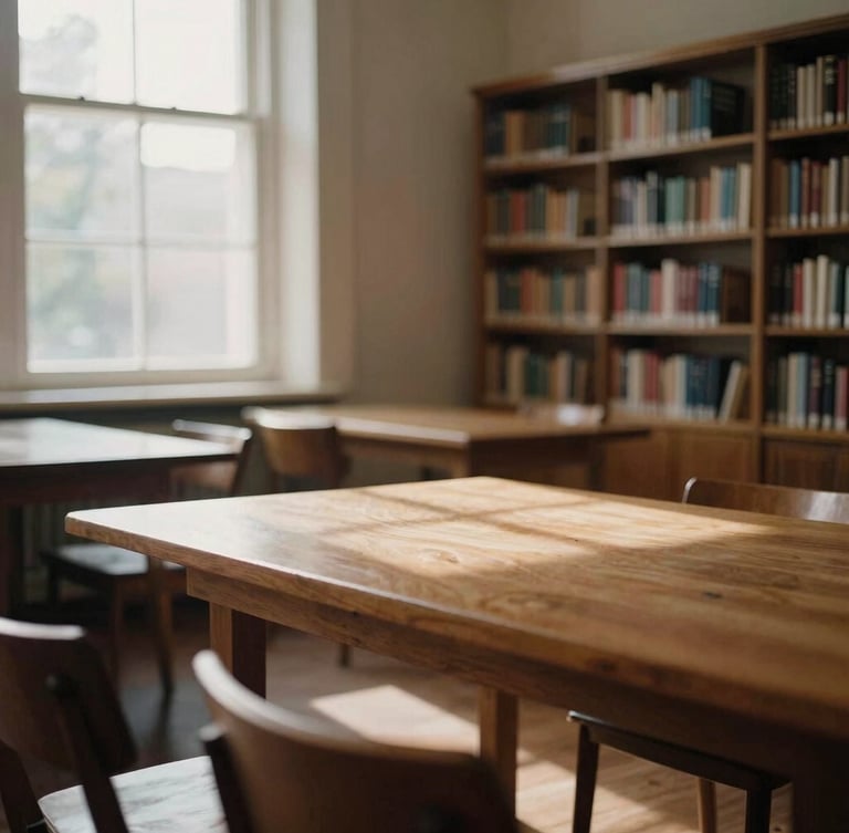 Muted tone photo of a serene, sunlit library room with wooden tables and bookshelves, soft natural window light, dignified atmosphere