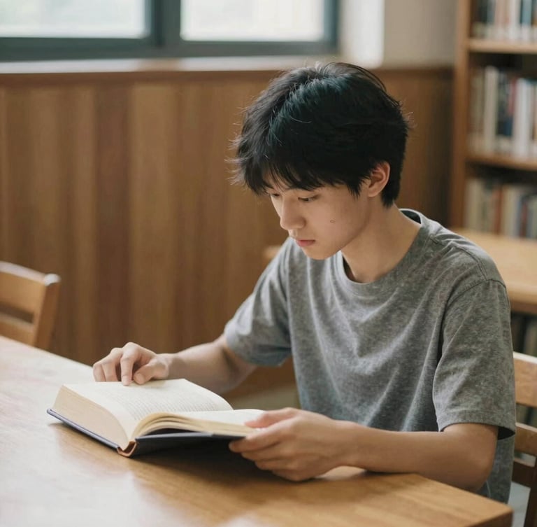 A focused student reading a book in a quiet, wood-paneled library, soft natural daylight, muted tones, shallow depth of field.