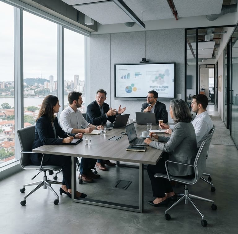 Medium-wide environmental shot of a bright, modern corporate boardroom in Porto Alegre, executives in a collaborative strategy session, clean gray tones, soft cool daylight, 35mm.