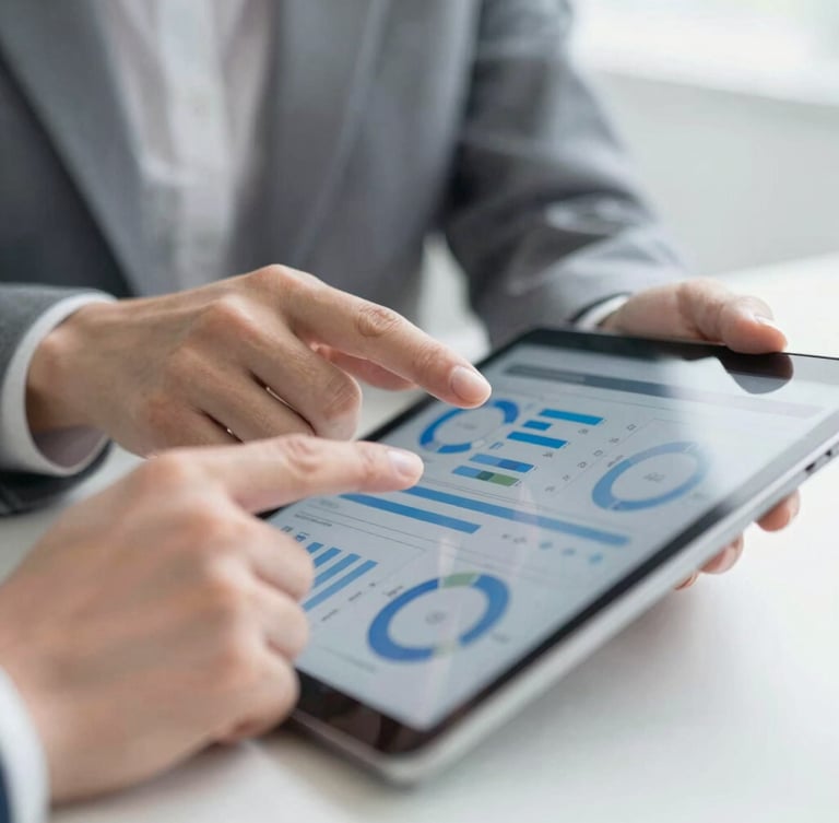 Close-up of professional hands reviewing risk management metrics on a tablet screen, bright natural daylight, clean gray and slate blue tones, shallow depth of field.
