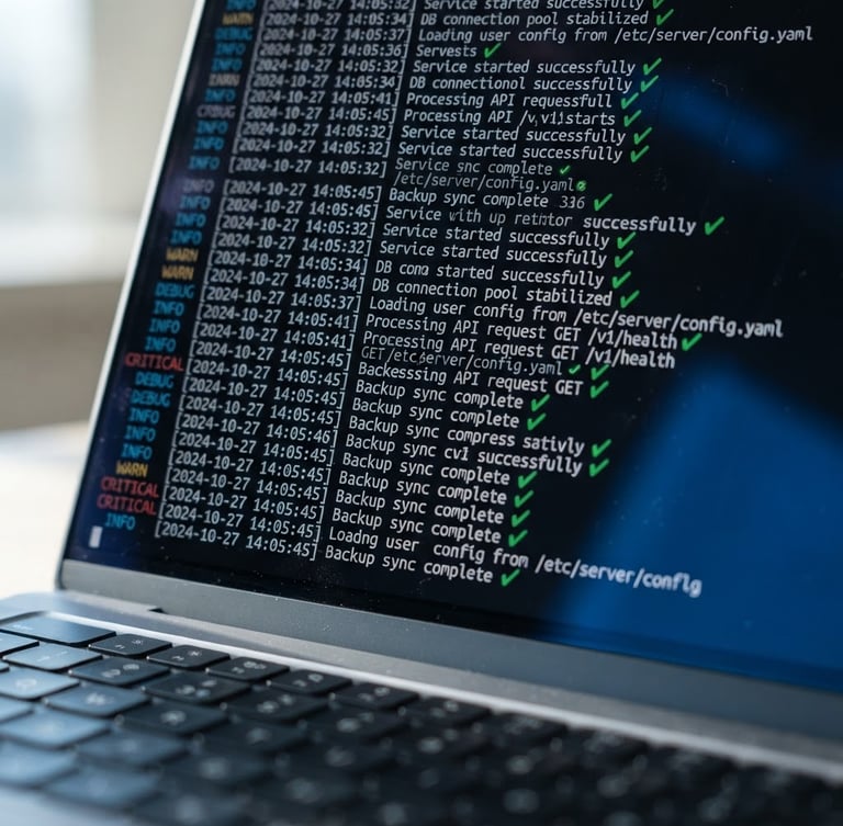 Macro shot of a laptop screen displaying clean server log lines and green checkmarks, sharp focus on terminal text, dark background with electric blue reflections