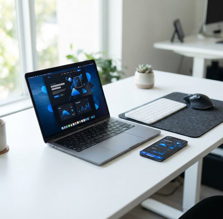Minimalist high-tech workspace with a modern laptop and smartphone on a clean white desk, displaying a sleek website layout with electric blue accents, bright natural daylight, 50mm lens.