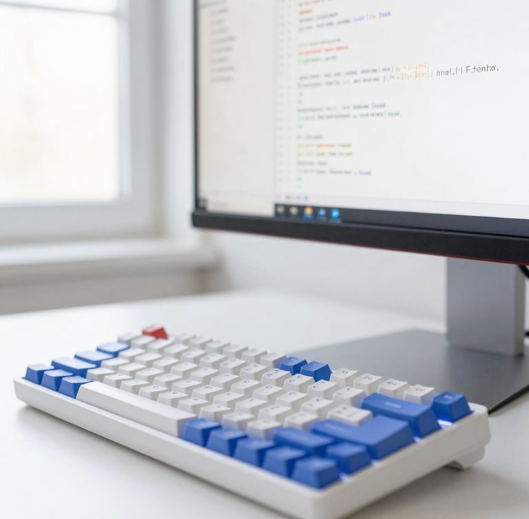 Macro shot of a modern workspace with a clean mechanical keyboard, a high-resolution display showing clean HTML and CSS code, soft natural window light, professional digital studio