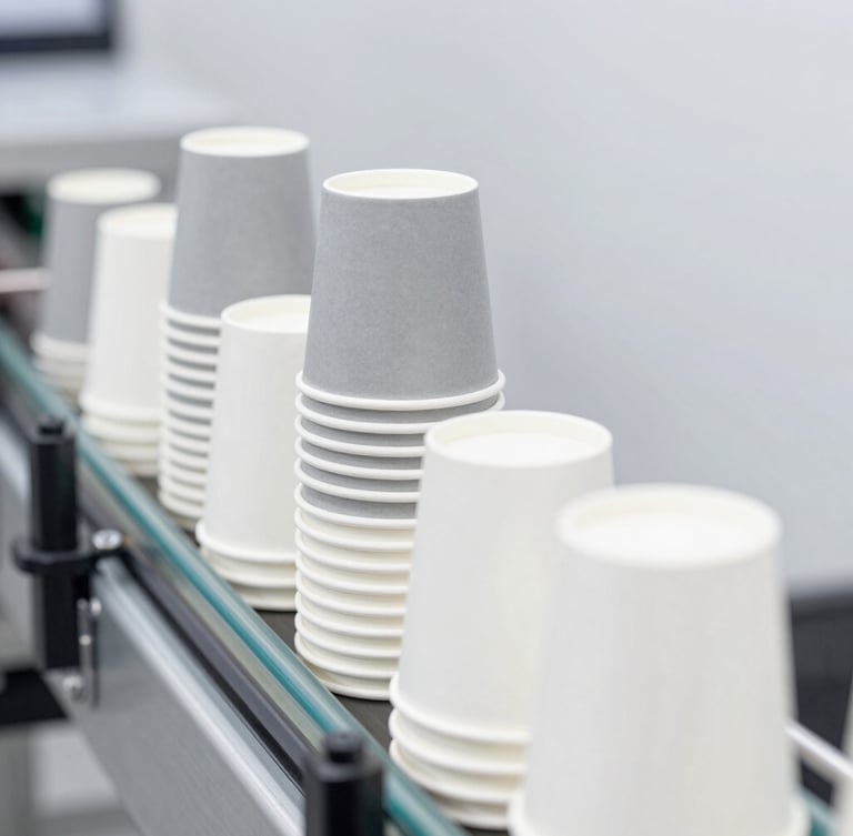 Crisp industrial product photography of neatly stacked white and gray paper cups on an automated conveyor line, bright high-key lighting, sharp focus.