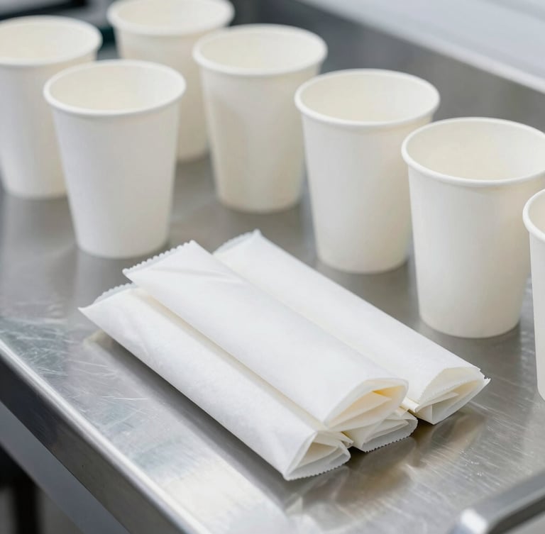 Close-up of custom-printed paper cups and grease-resistant sandwich wraps on a clean stainless steel inspection table, bright daylight, sharp focus.