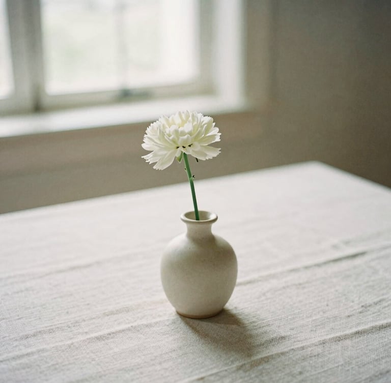 Close-up of a minimalist wedding table setting, raw linen, single-stem white floral in a ceramic vase, soft natural window light, editorial 35mm photography
