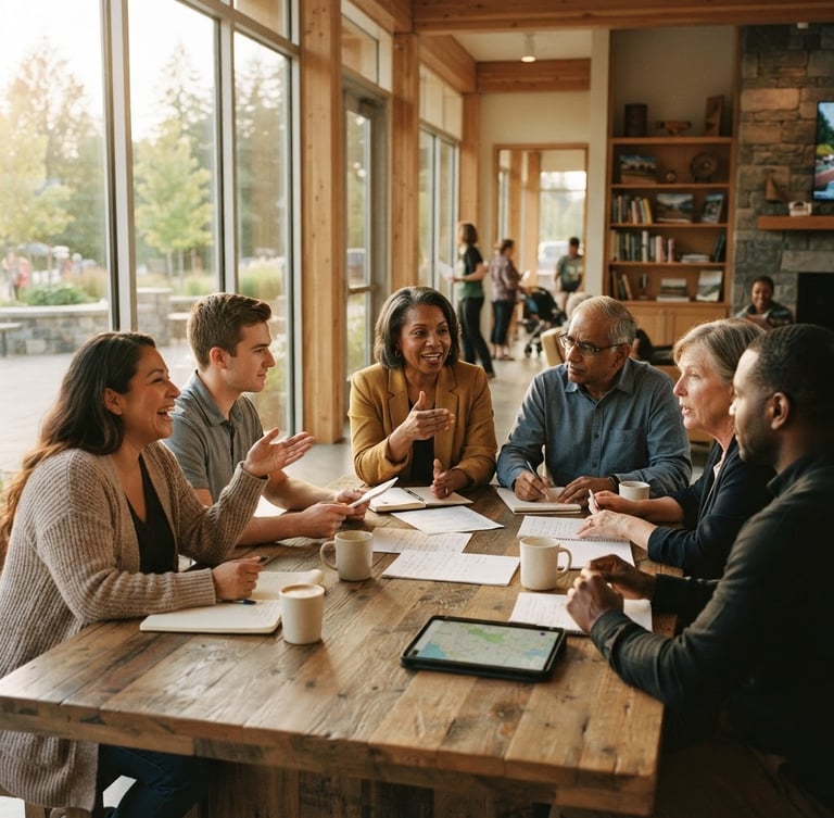 Warm editorial photograph of local civic leaders collaborating around a wooden table in a sunlit, newly built community center, 35mm film look, natural golden-hour daylight.