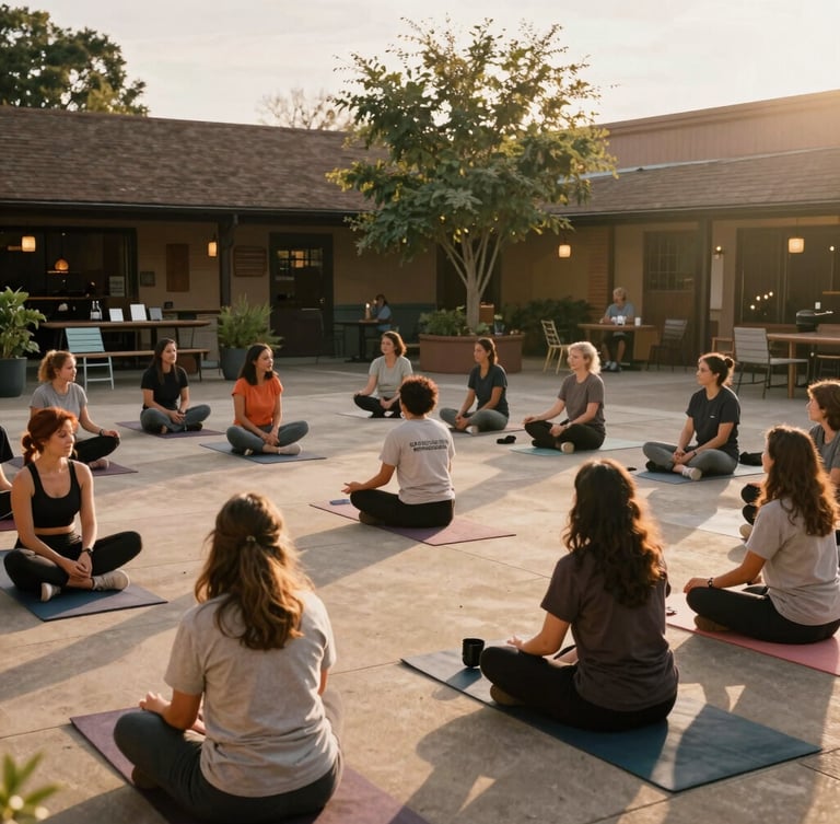A warm, sunlit community center courtyard where local health advocates are hosting an outdoor wellness workshop, soft golden-hour sun, candid environmental framing, 35mm film look.
