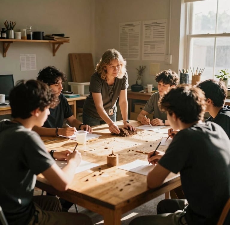 Candid medium-wide environmental photo of local business mentors and students collaborating over a wooden table in a sunlit workshop, warm natural golden-hour light, rich earthy tones, 35mm film look.