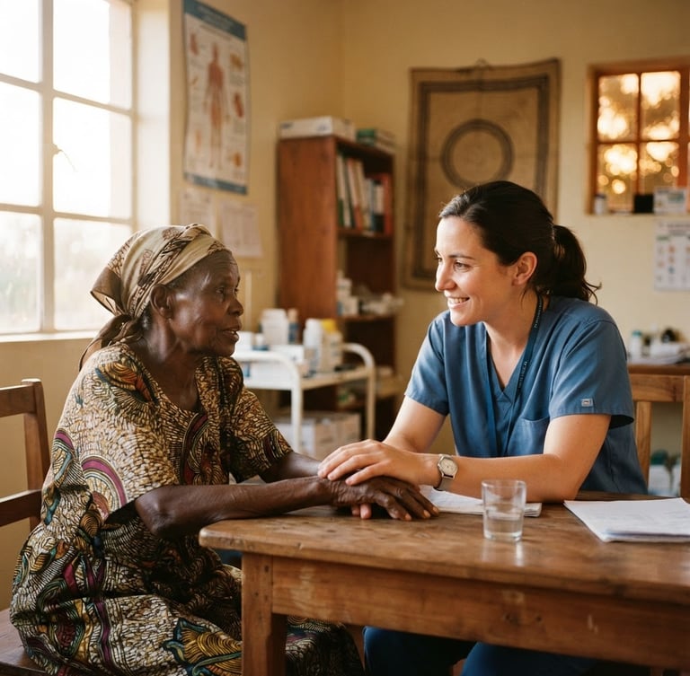 A quiet, respectful portrait of a local healthcare worker in warm, natural golden-hour daylight, talking with a community member in a bright, clean clinic room, candid 35mm film look.