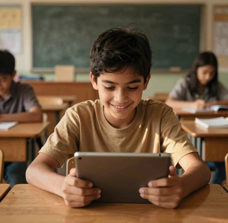 Candid environmental portrait of a young student smiling while using a digital tablet in a warm, sunlit classroom, rich earth tones, 35mm film look.
