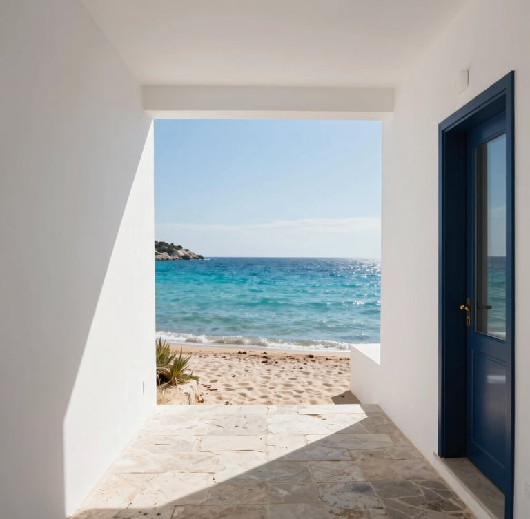 Panoramic view of a sunlit stone path leading to a pristine beach in Pula, clear turquoise water, bright Mediterranean sky