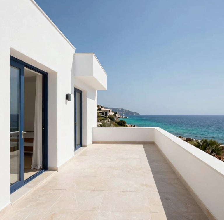 Bright architectural wide shot of a modern white villa terrace overlooking the turquoise sea of Villasimius, warm Mediterranean light, minimalist layout
