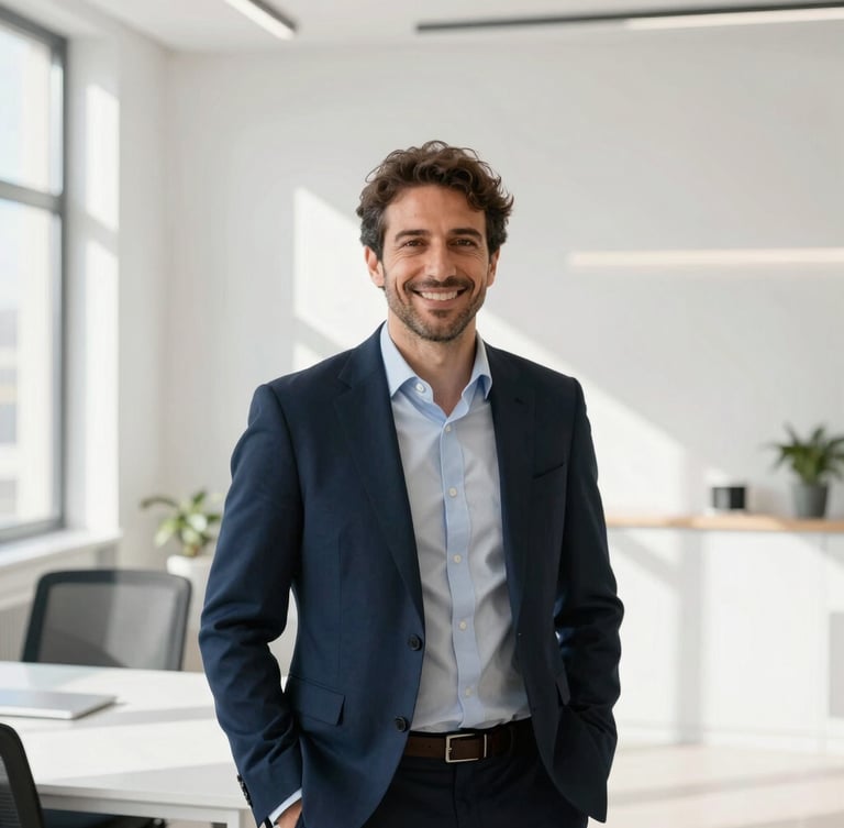 Approachability portrait of founder Nicola Erbì smiling in a bright modern office in Cagliari, professional attire, soft natural light