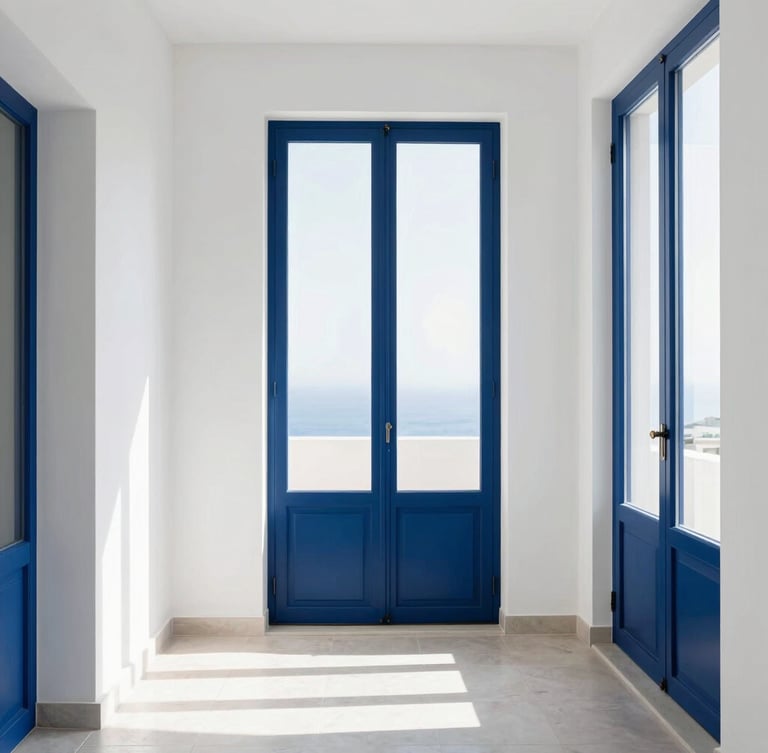 Minimalist modern apartment interior in Cagliari, bright white walls, elegant navy blue details, large window with soft sunlight