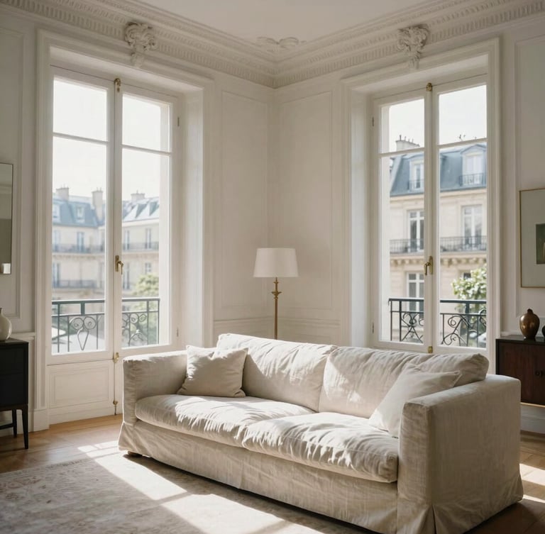 Portrait shot of a bright, sunlit Parisian apartment salon, high ceilings, elegant crown molding, natural light streaming through large windows, freshly pressed linen on a minimalist sofa.