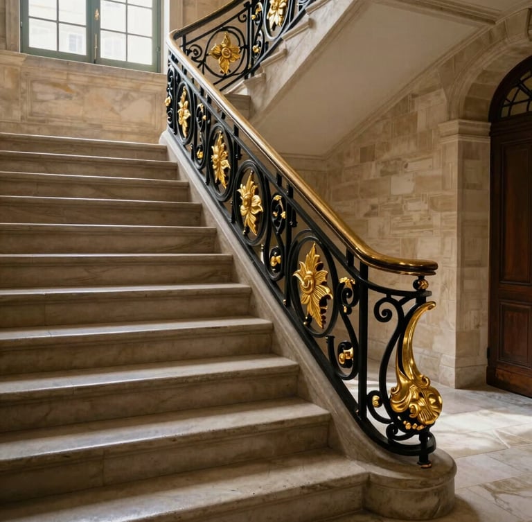 Un escalier d'honneur en pierre de taille baigné de lumière naturelle, rampe en fer forgé noir et détails dorés, cadrage vertical élégant, ambiance de hall d'entrée parisien de grand standing.