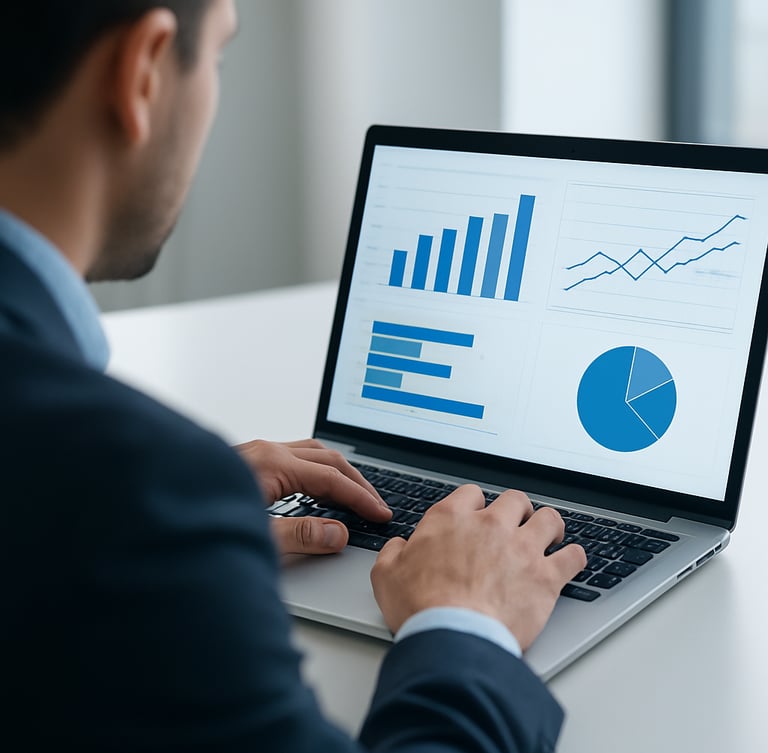 An over-the-shoulder perspective of a professional consultant typing on a laptop, clean data visualizations visible on screen, bright natural daylight, cool slate tones.
