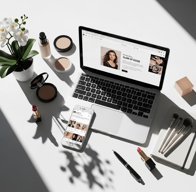 Flat lay of a laptop displaying a beauty blog next to makeup products, brushes, and a smartphone on a white desk.