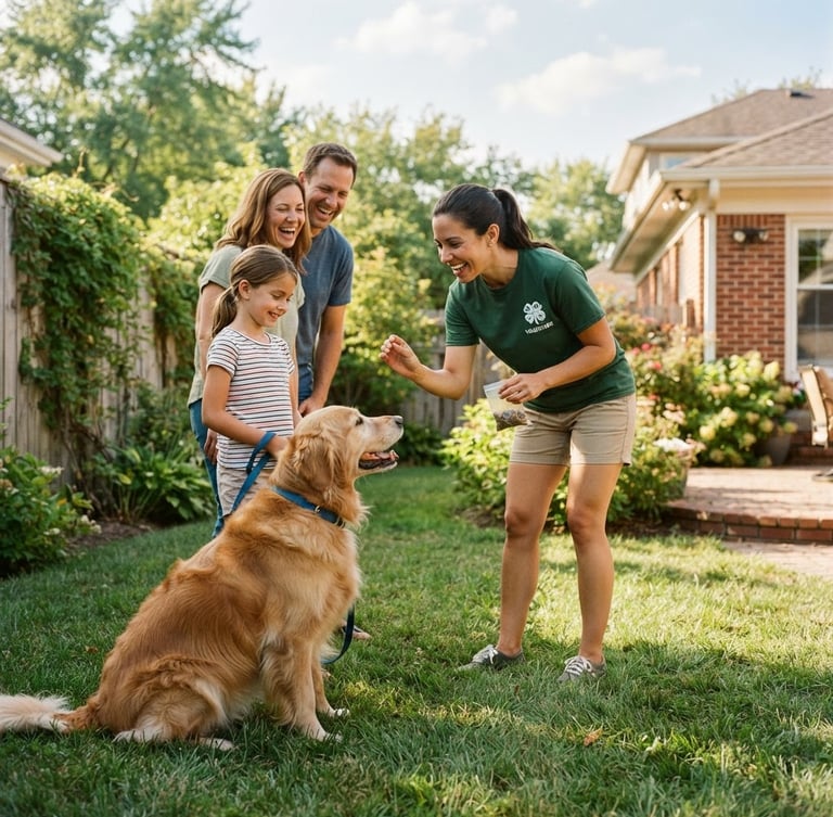 Candid photo of a smiling volunteer in a green shirt helping an Indiana family train their golden retriever in a sunny backyard, 35mm, warm natural light.