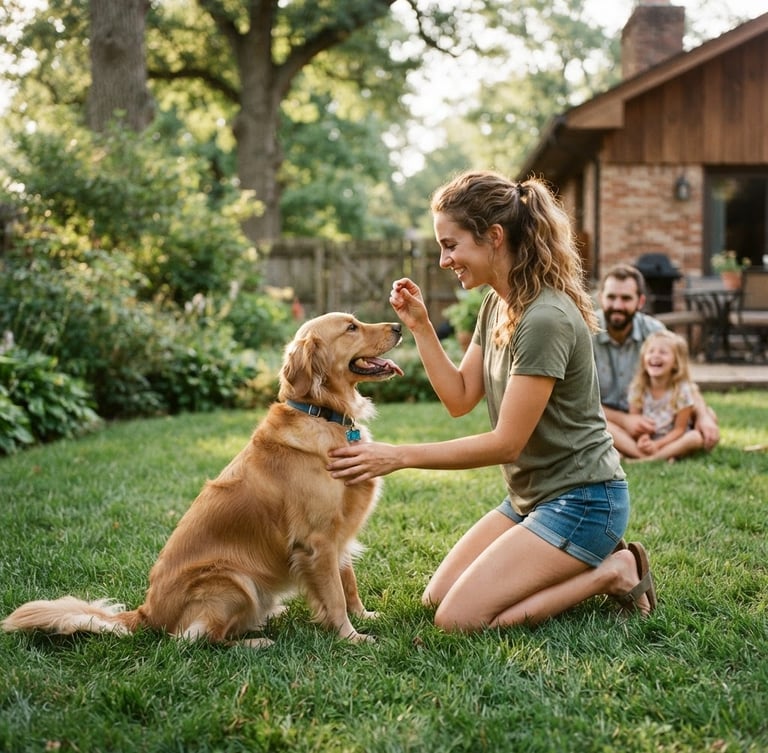 Candid eye-level shot of a local family training their golden retriever in a sunlit Indiana backyard, warm natural photography, 35mm