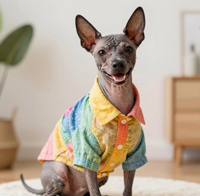 Portrait of a happy Mexican hairless dog wearing a custom colorful linen shirt, sitting comfortably indoors, bright editorial pet photography, warm natural daylight, soft-focus background