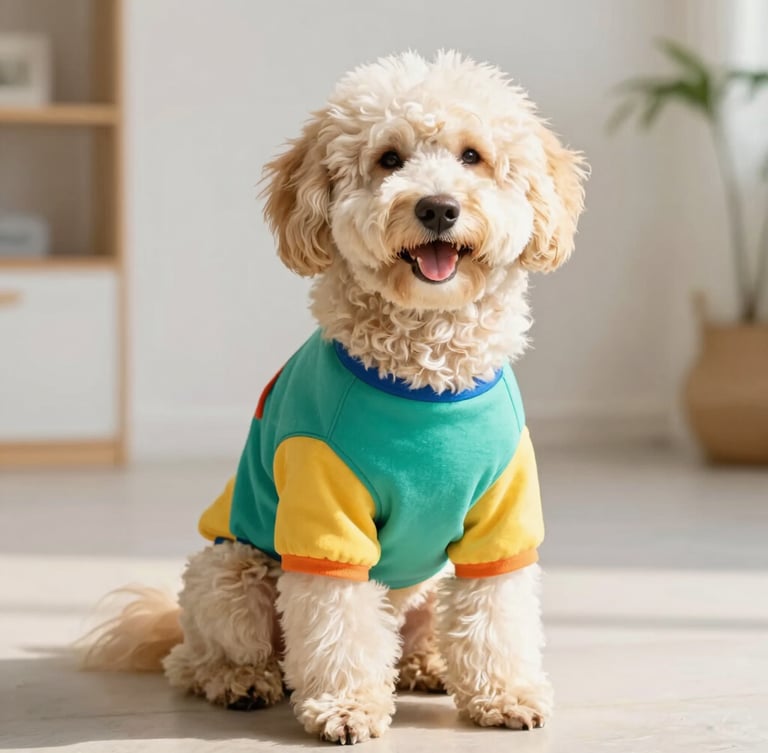Bright editorial pet photography, warm natural daylight, a happy fluffy dog sitting comfortably wearing a colorful handmade teal shirt, clean soft-focus background, 50mm portrait lens