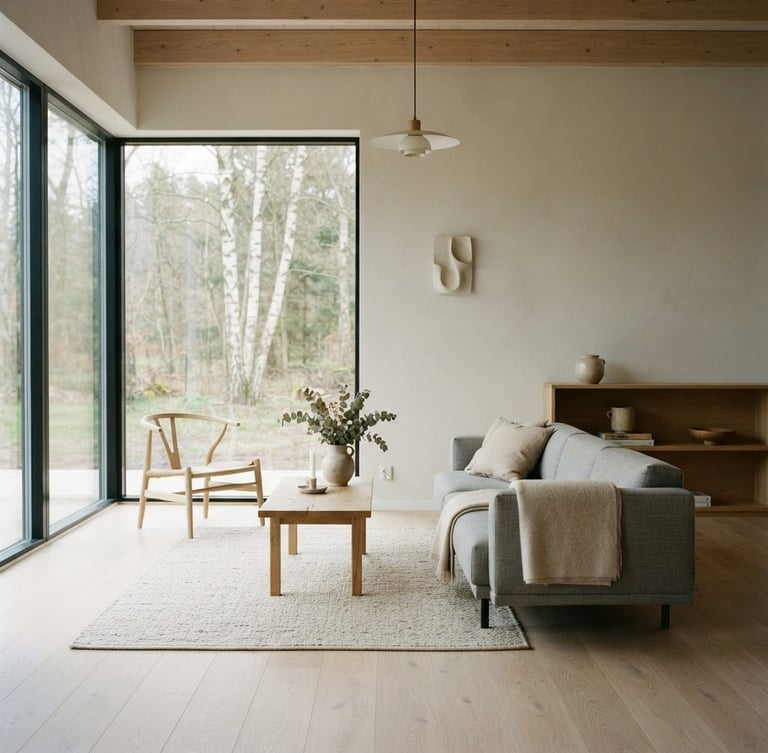 Wide architectural detail shot of a minimalist Scandinavian living room, soft diffused natural daylight, desaturated neutral tones, clean lines, 35mm.