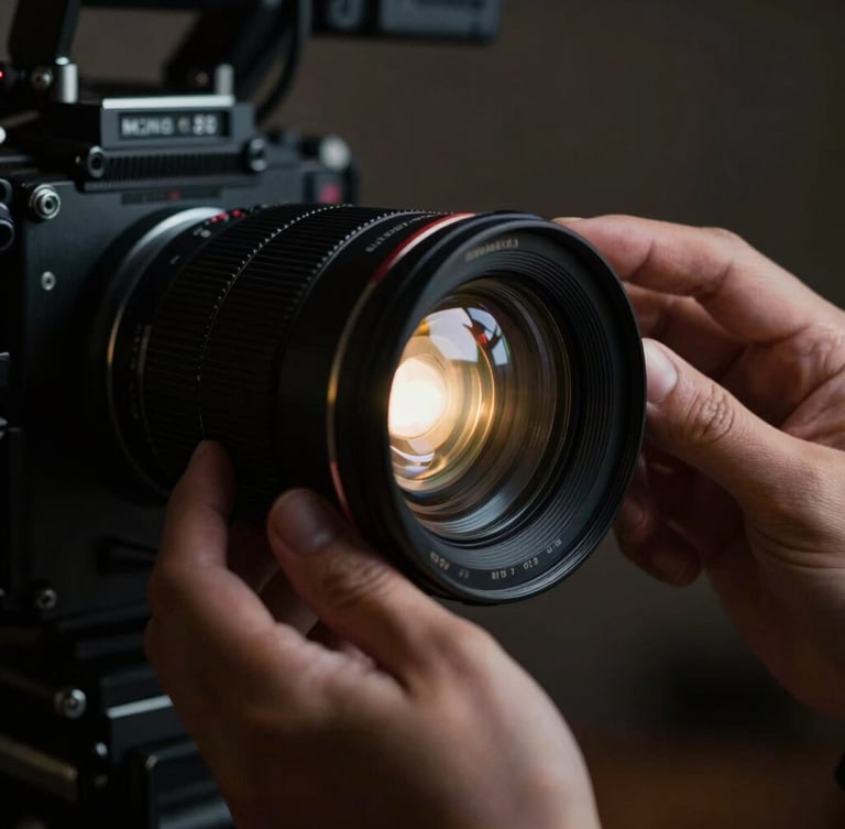 Close-up de mãos ajustando um anel de foco em uma lente de cinema, com iluminação dramática e reflexos de luz, foco na precisão técnica, 35mm anamorphic lens.