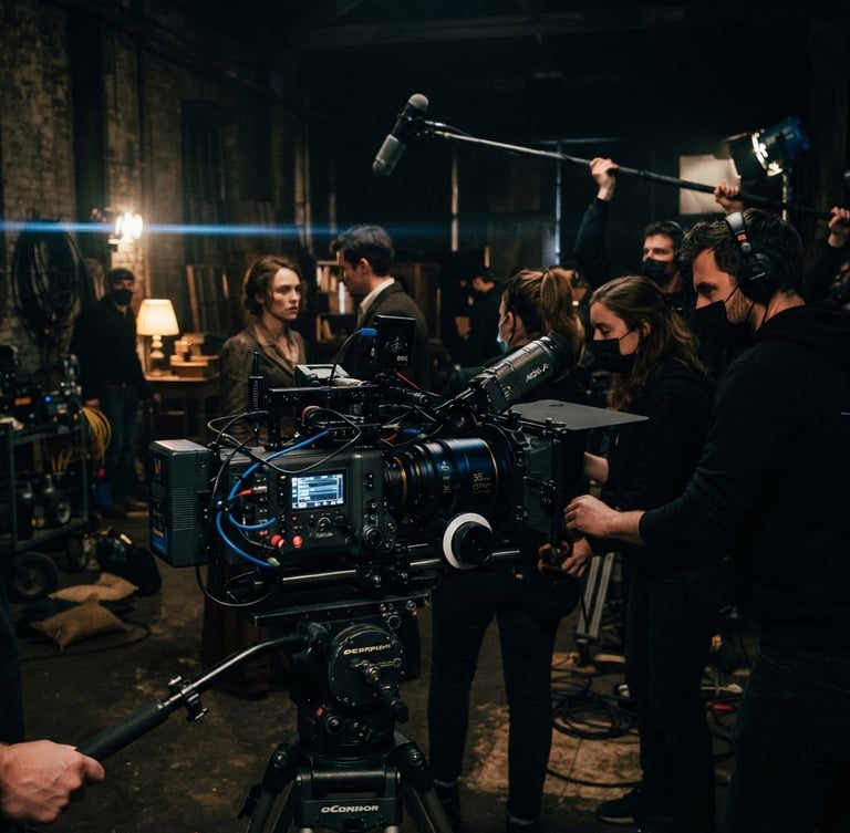 Equipe de produção cinematográfica em locação, câmera de cinema high-end em primeiro plano, iluminação dramática de baixo contraste, flare de lente anamórfica, 35mm anamorphic lens.