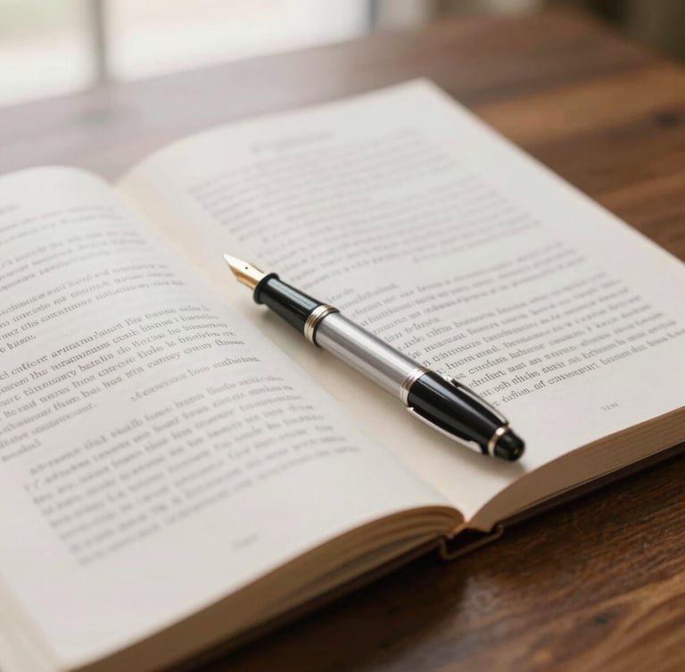 Close-up of open legal codes and a fountain pen resting on a dark wooden table, soft side lighting, elegant and scholarly atmosphere