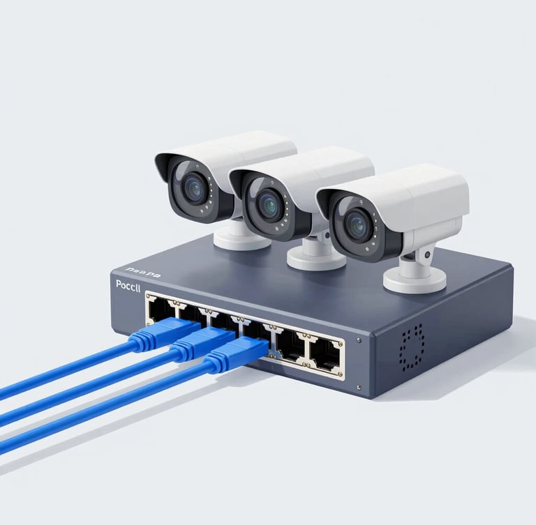 A clean technical diagram of a security system architecture, showing IP cameras connected via blue ethernet cables to a central PoE switch and NVR, flat vector style with sharp lines on a light gray background.