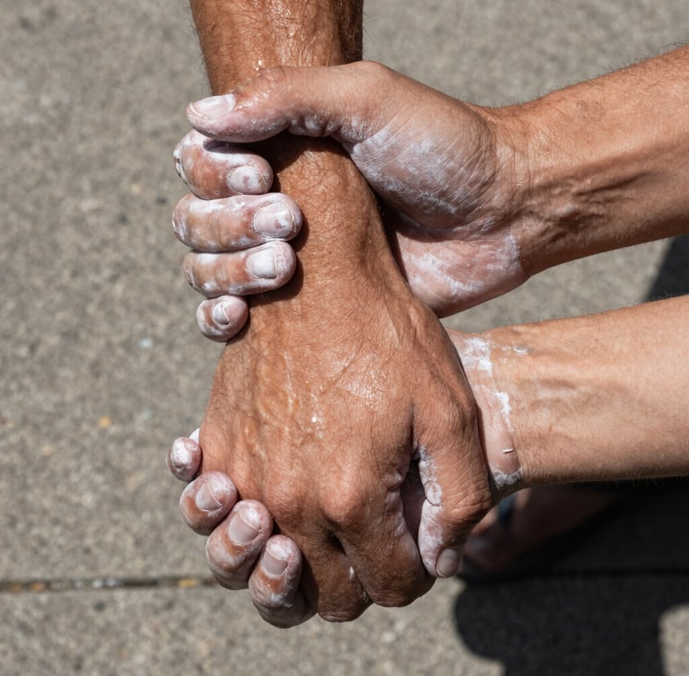 Extreme close-up of chalked hands firmly gripping a partner's wrist, high-contrast harsh daylight, visible sweat and physical strain, raw concrete background.