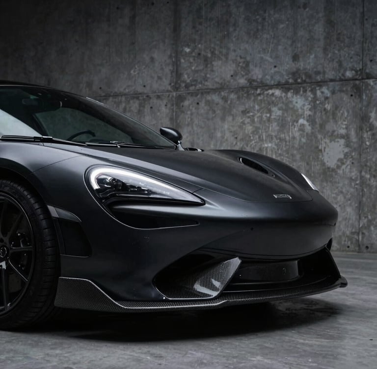 Low-angle tracking shot of a matte black sports car with a carbon fiber front splitter installed, dramatic side-lighting, brutalist concrete background, 35mm anamorphic lens