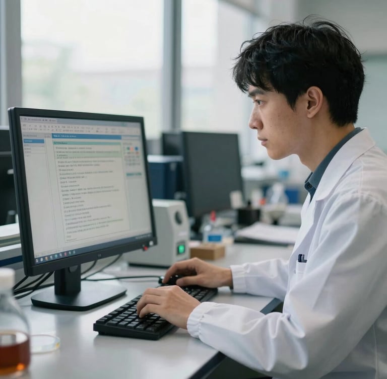 A focused researcher analyzing complex data structures on a clean monitor in a bright university laboratory, soft window light, deep navy tones, shallow depth of field