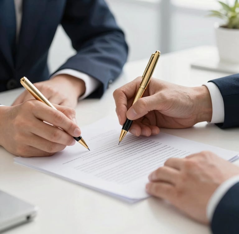 Close-up of professional hands signing a structured legal document on a clean workspace, soft natural daylight, gold pen detail, 35mm lens