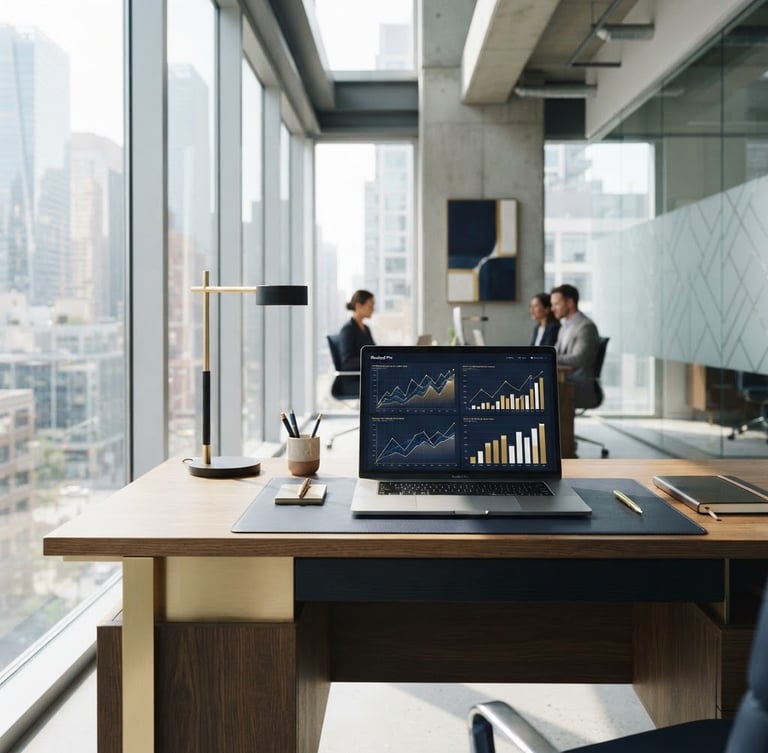 Bright modern office with architectural glass details, clean minimalist desk with a laptop showing financial growth charts, soft natural daylight, deep navy and gold accents, professional corporate editorial photography, 35mm lens