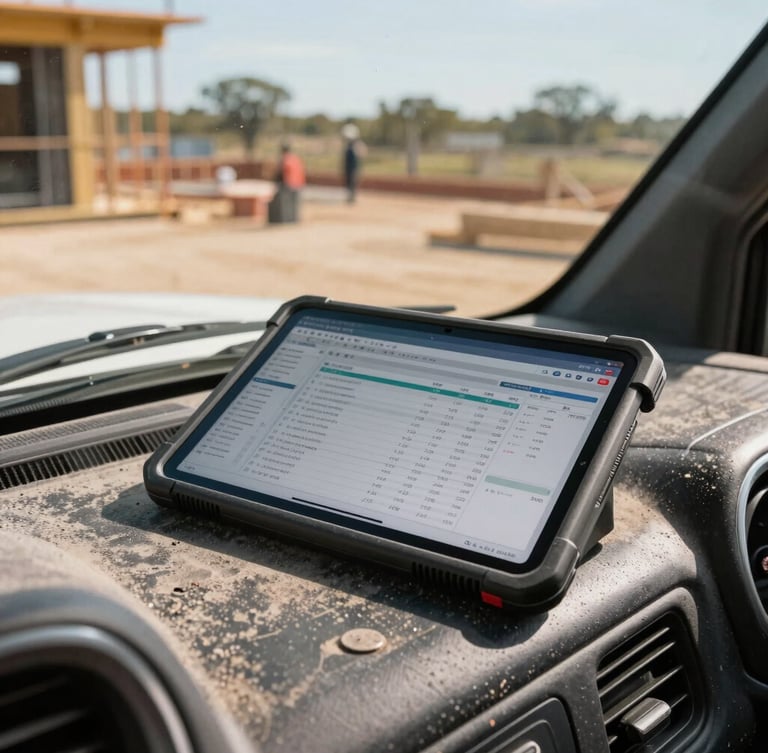 A rugged tablet displaying a clean financial spreadsheet resting on a dusty pickup truck dashboard, active construction site visible through the windshield, natural bright Texas daylight