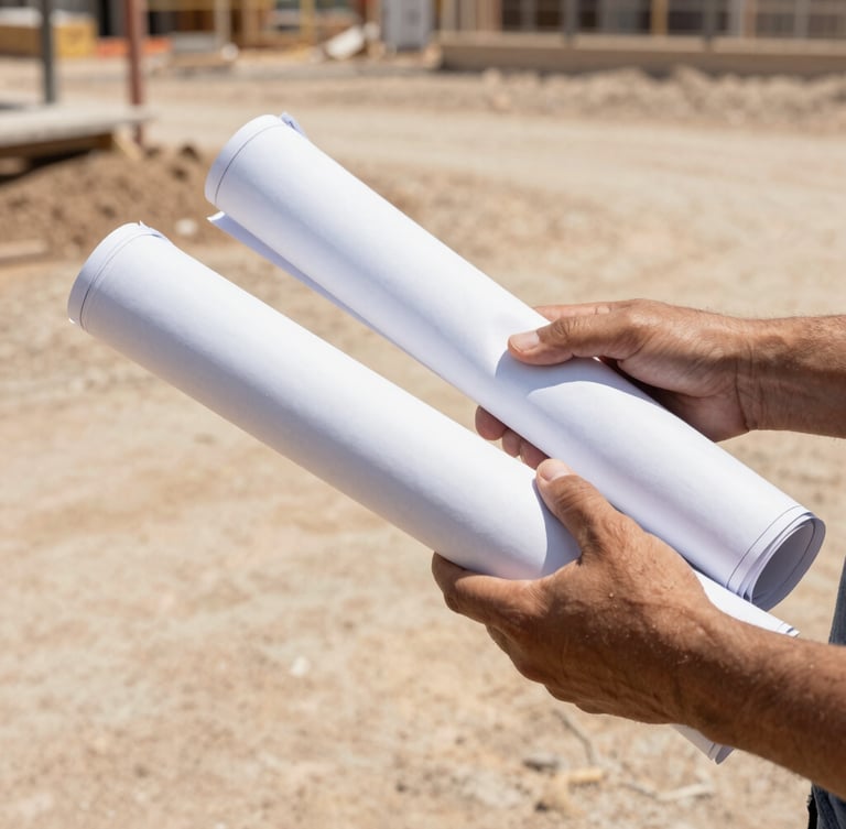 Close-up of hands holding rolled-up blueprints on a dusty construction site, natural bright Texas daylight, sharp focus, 35mm lens