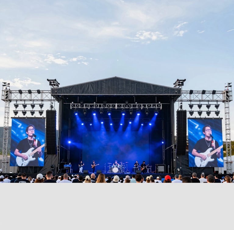 Wide environmental shot of a massive live event stage in Golden Colorado, heavy royal blue backlighting, technical rigging visible, crisp resolution.